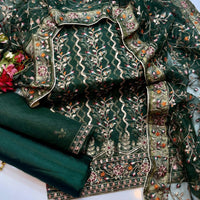 3-Piece Luxury Organza Dress β Jaal Work Shirt, Embroidered Sleeves & Net Shawl Dupatta