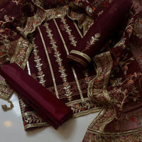 3-Piece Luxury Organza Dress β Jaal Work Shirt, Embroidered Sleeves & Net Shawl Dupatta