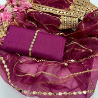 3-Piece Unstitched Kataan Silk Suit – Tissue Organza Embroidered Dupatta & Neckline