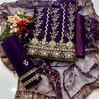 3-Piece Luxury Organza Dress β Jaal Work Shirt, Embroidered Sleeves & Net Shawl Dupatta