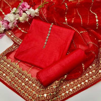3-Piece Unstitched Kataan Silk Suit – Tissue Organza Embroidered Dupatta & Neckline