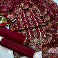 3-Piece Luxury Organza Dress β Jaal Work Shirt, Embroidered Sleeves & Net Shawl Dupatta