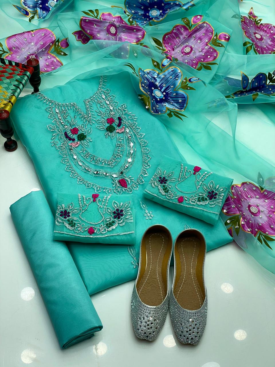 4-Piece Unstitched Luxury Dress – Organza Mirror & Tilla Work with Dupatta, Trousers & Khussa