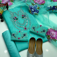 4-Piece Unstitched Luxury Dress – Organza Mirror & Tilla Work with Dupatta, Trousers & Khussa