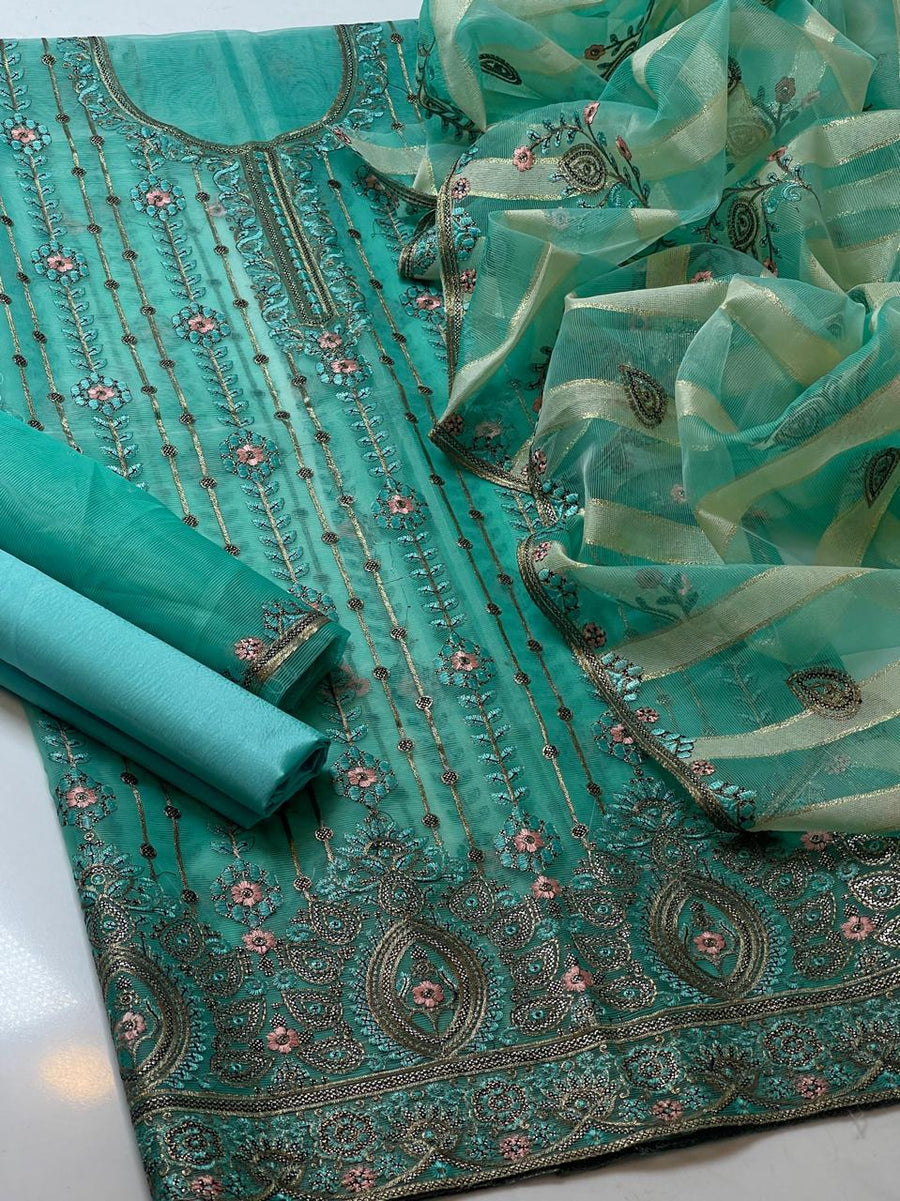 3-Piece Organza Embroidered Dress – Jaal & Boring Work Dupatta with Kataan Silk Trouser