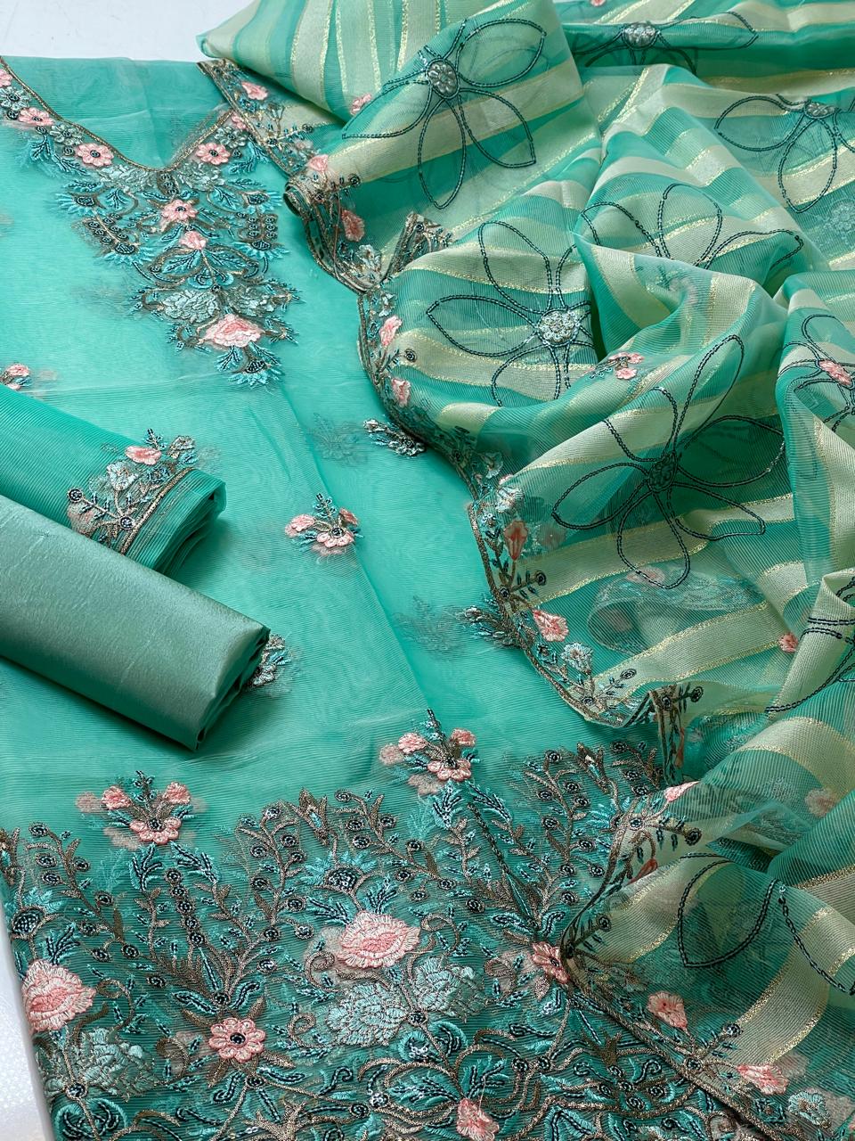 3-Piece Unstitched Organza Fancy Suit – Embroidered Shirt & Chiffon Dupatta