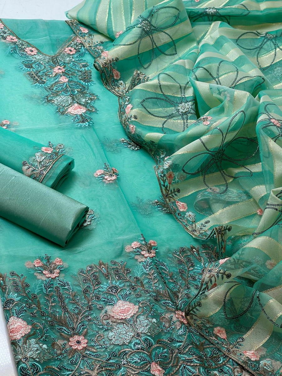 3-Piece Unstitched Organza Fancy Suit – Embroidered Shirt & Chiffon Dupatta