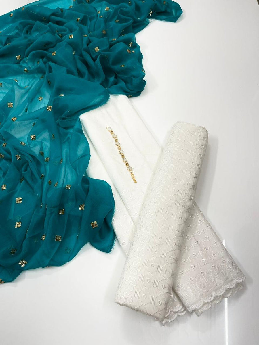 3-Piece Unstitched Summer Lawn Dress – Chikan Kari Shirt & Trouser with Sequin Chiffon Dupatta