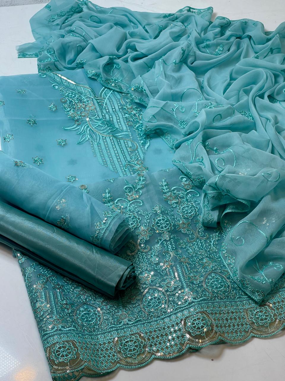 3-Piece Unstitched Fancy Dress – Organza Embroidered Shirt with Chiffon Dupatta