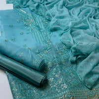 3-Piece Unstitched Fancy Dress – Organza Embroidered Shirt with Chiffon Dupatta