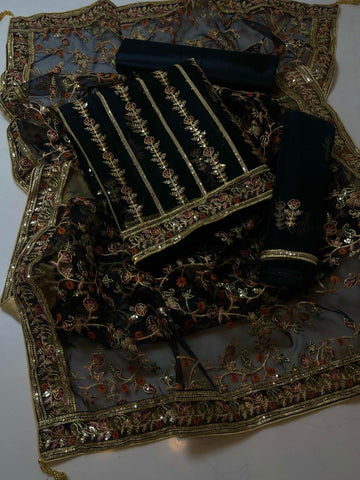 3-Piece Luxury Organza Dress – Jaal Work Shirt, Embroidered Sleeves & Net Shawl Dupatta