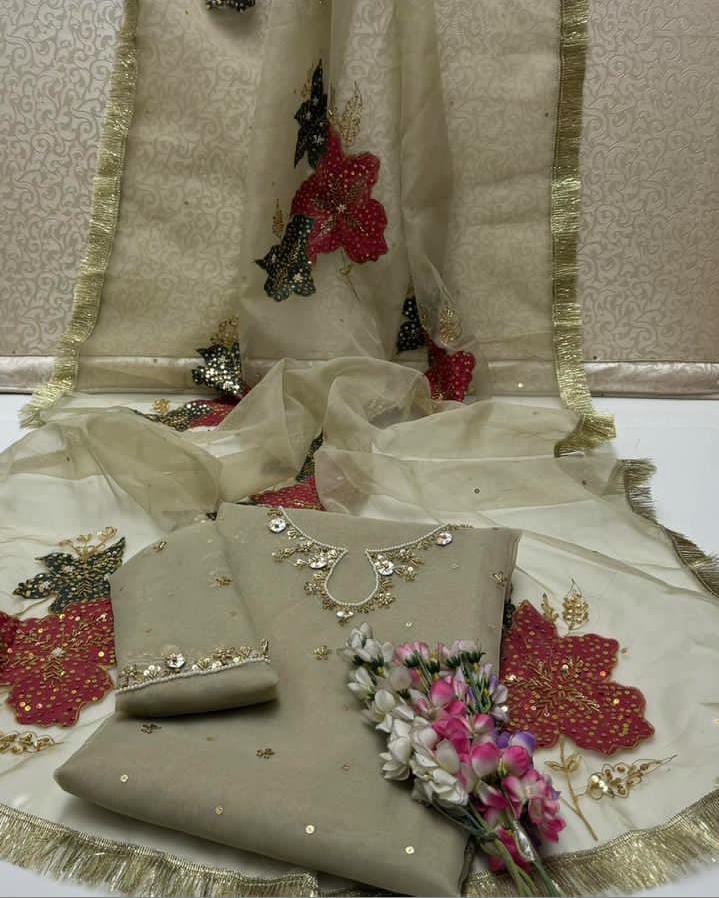 3-Piece Unstitched Mirror Work Dress – Pure Organza Shirt, Brush Dupatta & Kataan Trouser