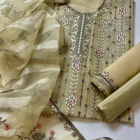 3-Piece Organza Embroidered Dress – Jaal & Boring Work Dupatta with Kataan Silk Trouser