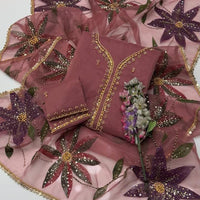 2-Piece Unstitched Organza Handwork Dress – Stones, Beads & Oil Paint Dupatta