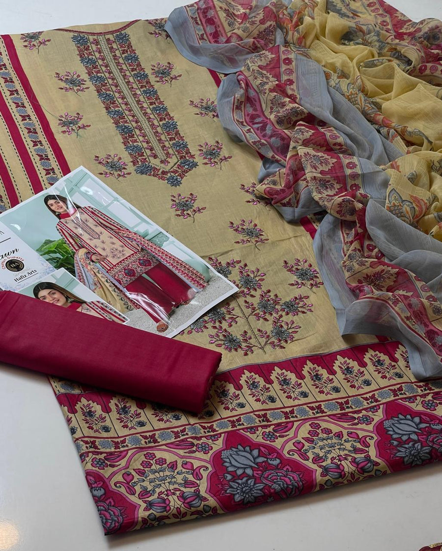 3-Piece Unstitched Lawn Suit – Digital Print Shirt & Chiffon Dupatta (Summer 2025)