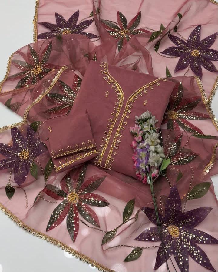 2-Piece Unstitched Organza Handwork Dress – Stones, Beads & Oil Paint Dupatta