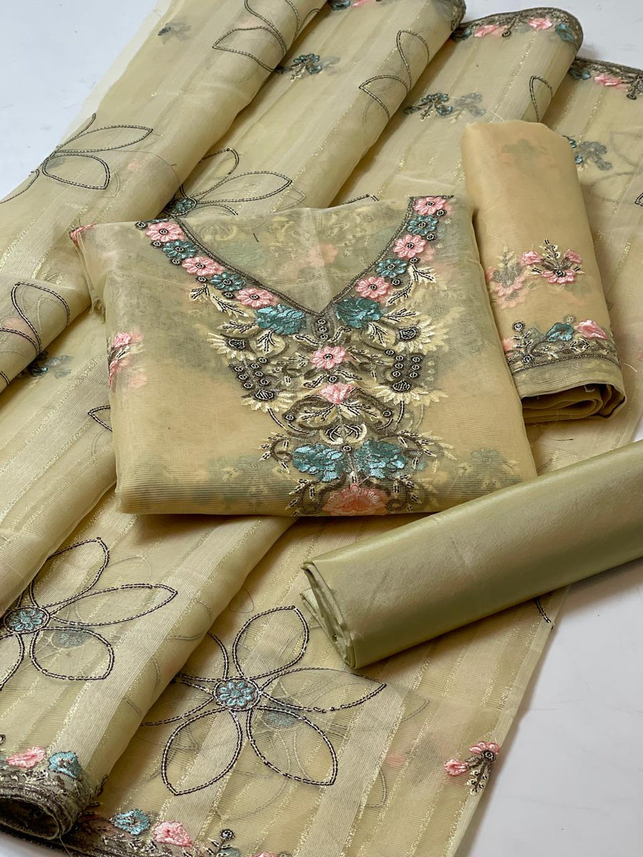 3-Piece Unstitched Organza Fancy Suit – Embroidered Shirt & Chiffon Dupatta
