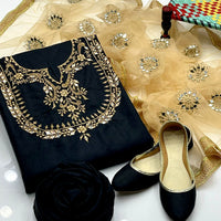 4-Piece Unstitched Fancy Dress – Kataan Mirror Work Suit with Net Dupatta & Khussa