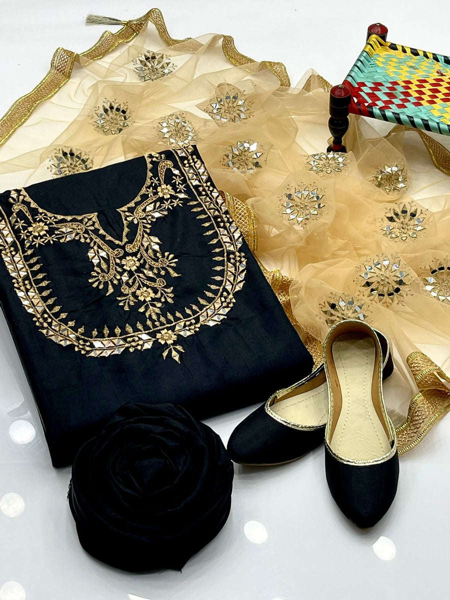 4-Piece Unstitched Fancy Dress – Kataan Mirror Work Suit with Net Dupatta & Khussa