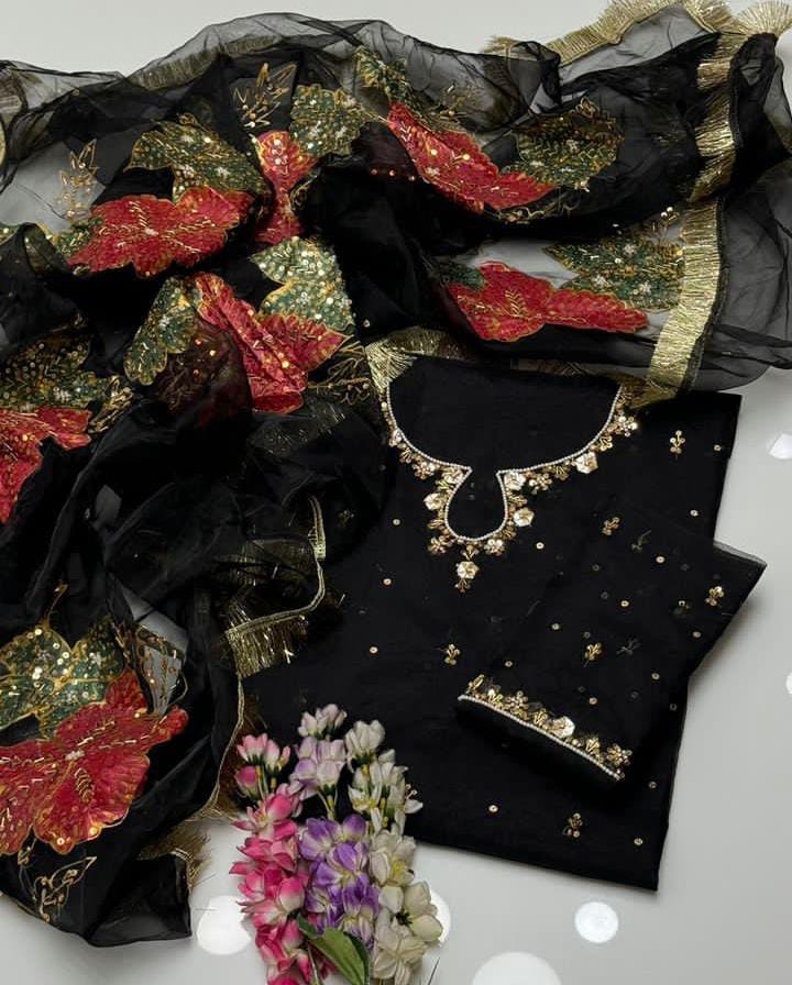 3-Piece Unstitched Mirror Work Dress – Pure Organza Shirt, Brush Dupatta & Kataan Trouser