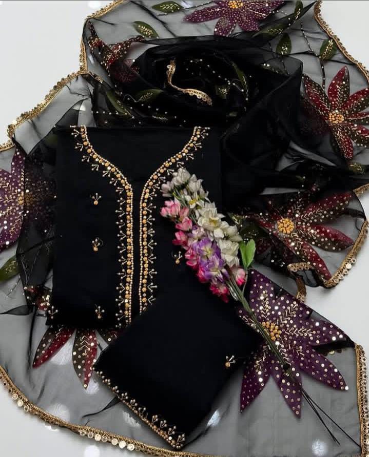 2-Piece Unstitched Organza Handwork Dress – Stones, Beads & Oil Paint Dupatta