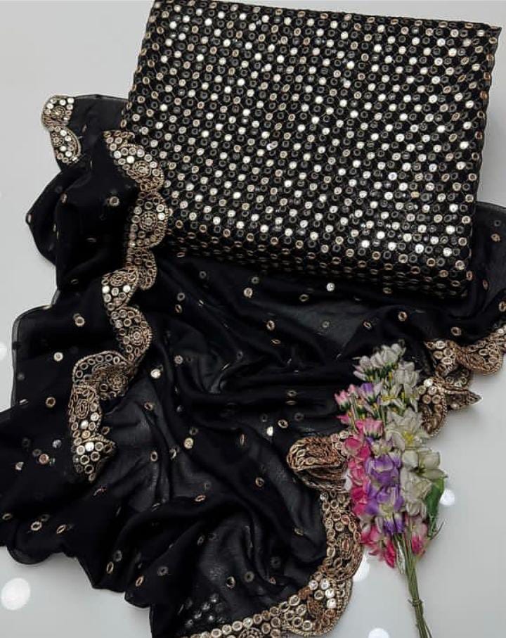 3-Piece Unstitched Fancy Chiffon Dress – Sheesha Zaari Embroidery with Border Dupatta