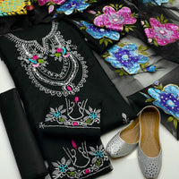 4-Piece Unstitched Luxury Dress – Organza Mirror & Tilla Work with Dupatta, Trousers & Khussa
