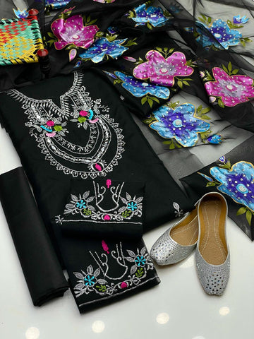4-Piece Unstitched Luxury Dress – Organza Mirror & Tilla Work with Dupatta, Trousers & Khussa