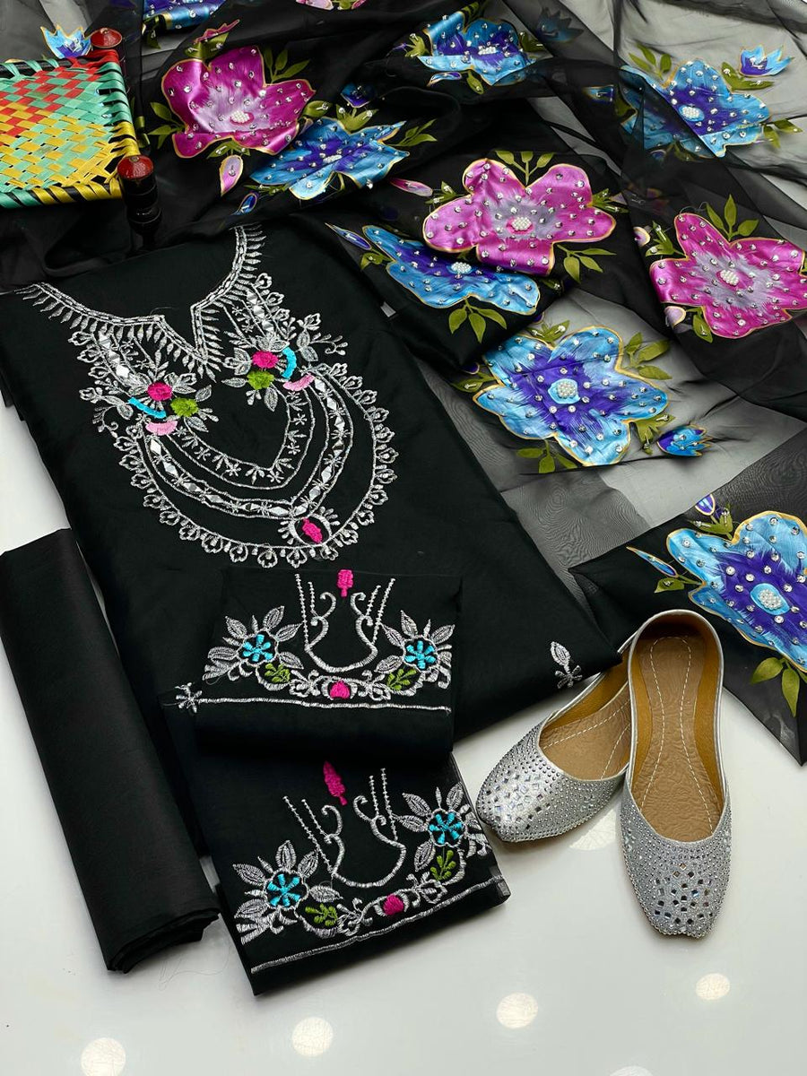 4-Piece Unstitched Luxury Dress – Organza Mirror & Tilla Work with Dupatta, Trousers & Khussa