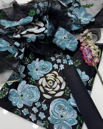 3-Piece Unstitched Organza Dress – Oil Paint Handwork with Kataan Silk Trouser