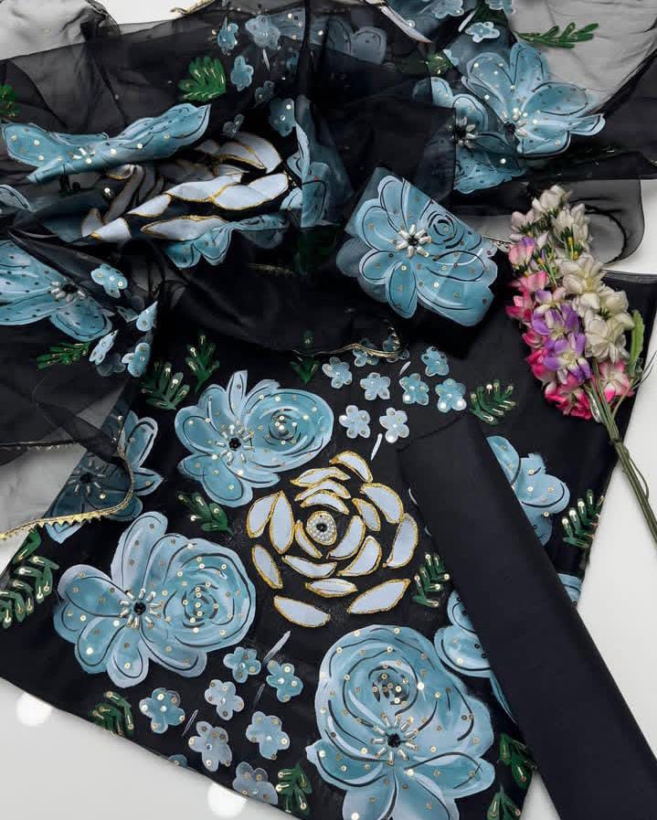 3-Piece Unstitched Organza Dress – Oil Paint Handwork with Kataan Silk Trouser