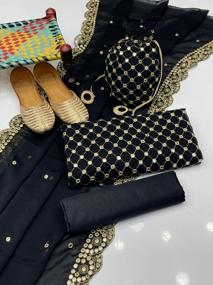 5-Piece Unstitched Fancy Chiffon Suit – Sheesha Zaari Work with Khussa & Potli Bag