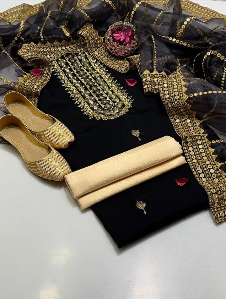 4-Piece Unstitched Dress for Girls – Kataan Shirt, Masoori Trouser, Organza Dupatta & Khussa