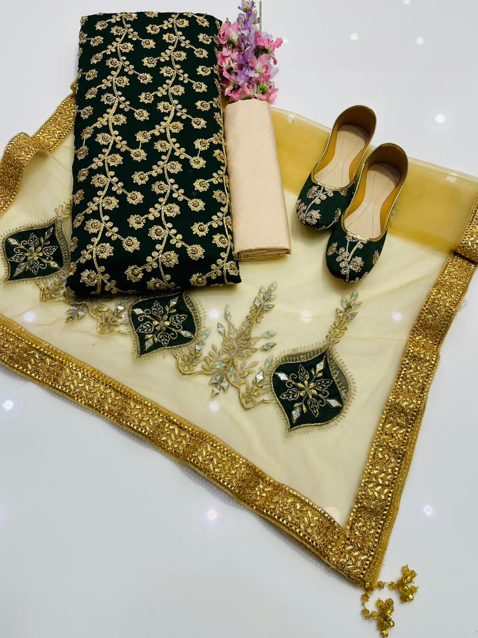 4-Piece Unstitched Wedding Suit – Chiffon Shirt, Masoori Trouser, Net Dupatta & Khussa