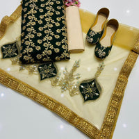 4-Piece Unstitched Wedding Suit – Chiffon Shirt, Masoori Trouser, Net Dupatta & Khussa