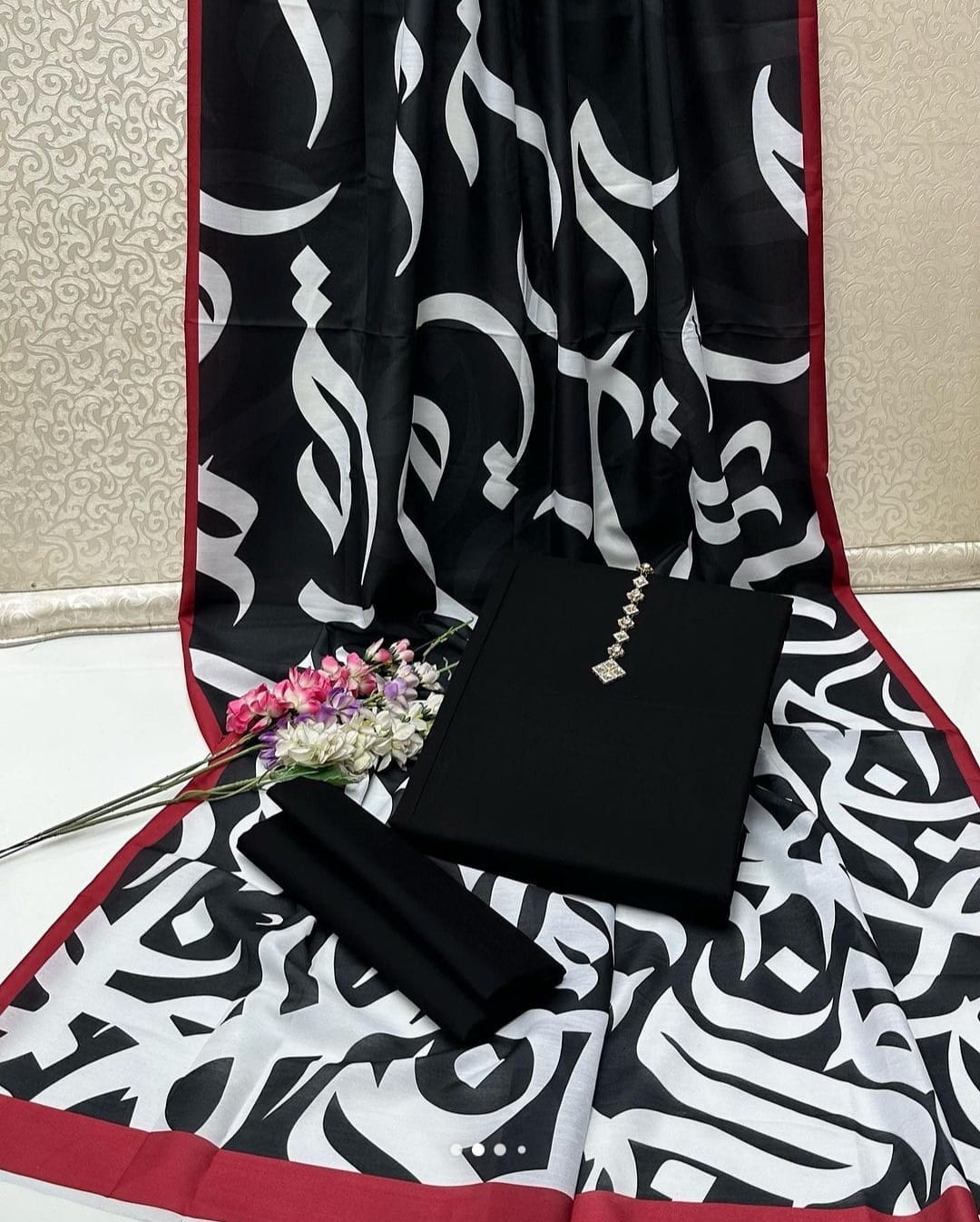 New Collection 2025  Swiss lawn  calligraphy digital print duppta  Kathan silk plain shirt and trouser  3pc suit   With Neckline