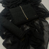 3-Piece Unstitched Black Chickenkari Lawn Suit – With Soft Chiffon Dupatta