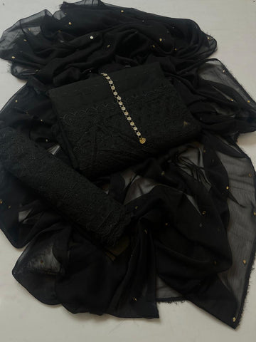 3-Piece Unstitched Black Chickenkari Lawn Suit – With Soft Chiffon Dupatta