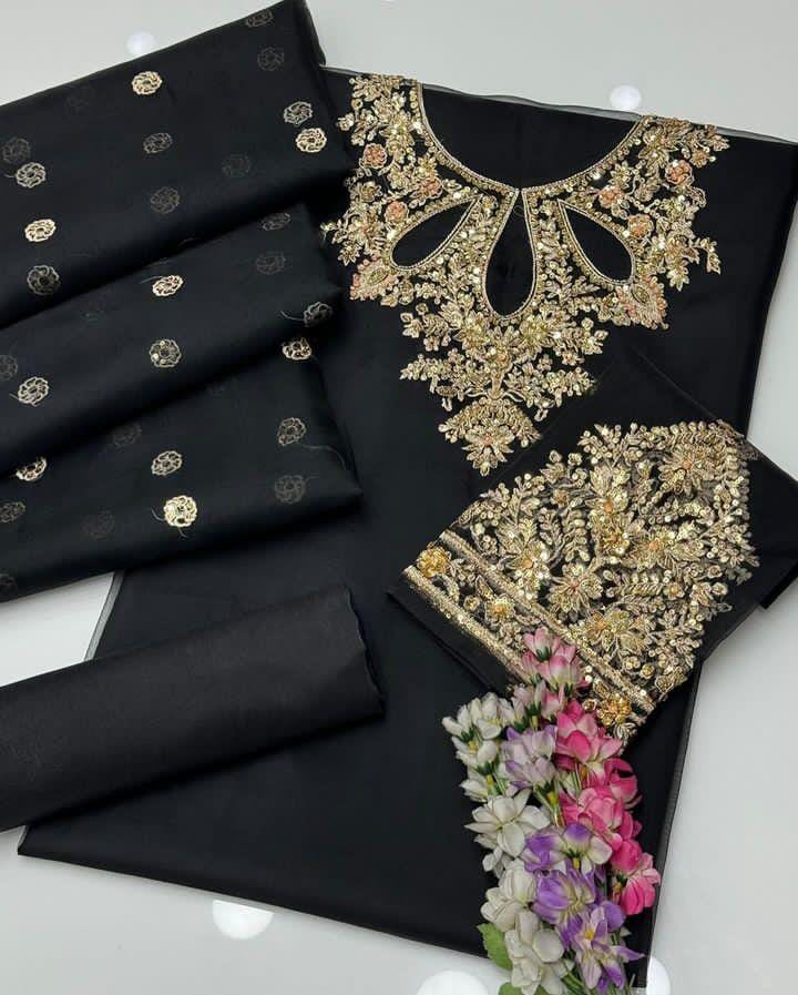 3-Piece Unstitched Fancy Dress – Indian Organza Nagina Work with Boti Dupatta