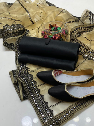 4-Piece Unstitched Kataan Silk Suit – Organza 9MM Foil Embroidered Dupatta with Button Gift