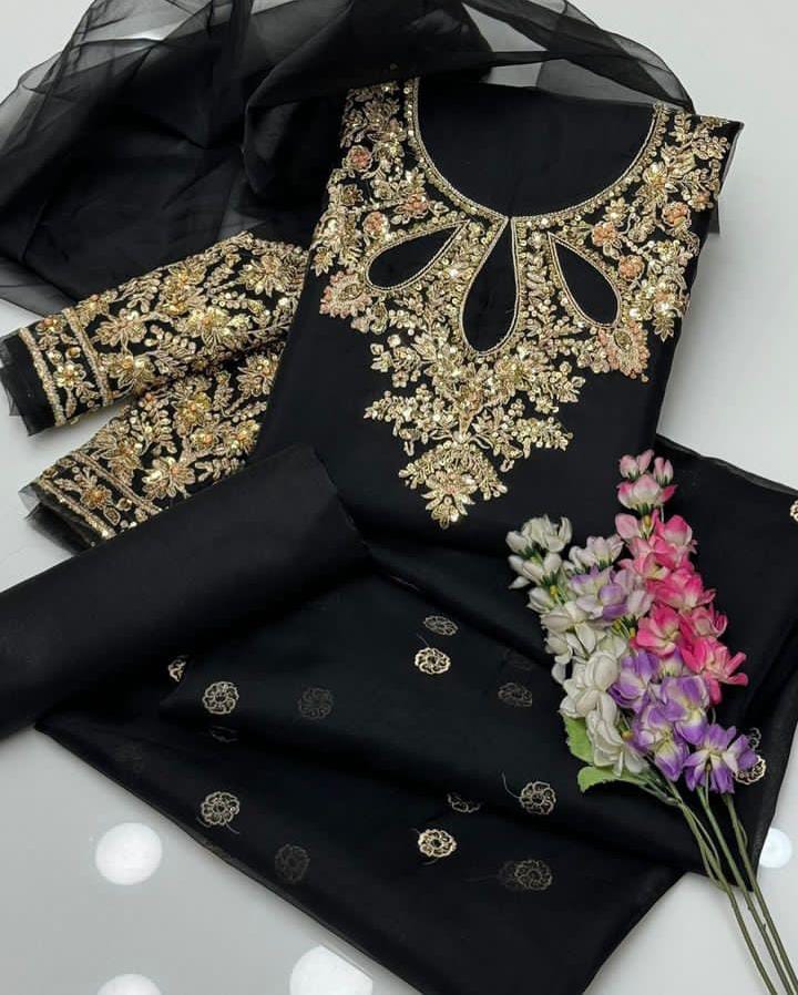 3-Piece Unstitched Fancy Dress – Indian Organza Nagina Work with Boti Dupatta