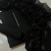 3-Piece Unstitched Black Chickenkari Lawn Suit – With Soft Chiffon Dupatta