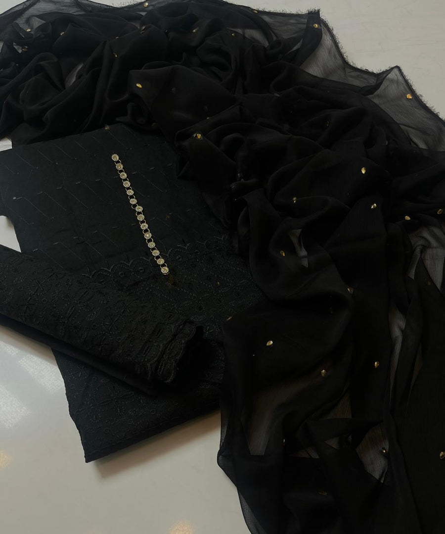 3-Piece Unstitched Black Chickenkari Lawn Suit – With Soft Chiffon Dupatta
