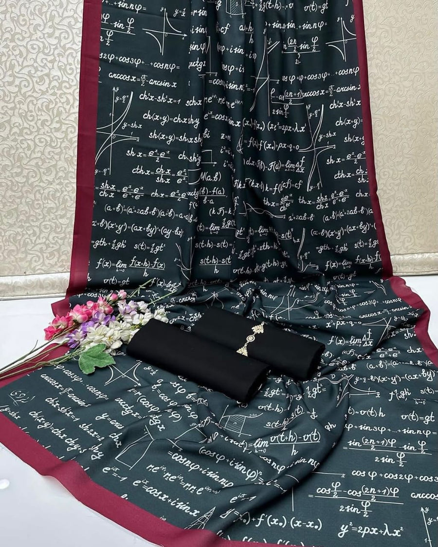 New Collection 2025  Swiss lawn  calligraphy digital print duppta  Kathan silk plain shirt and trouser  3pc suit   With Neckline
