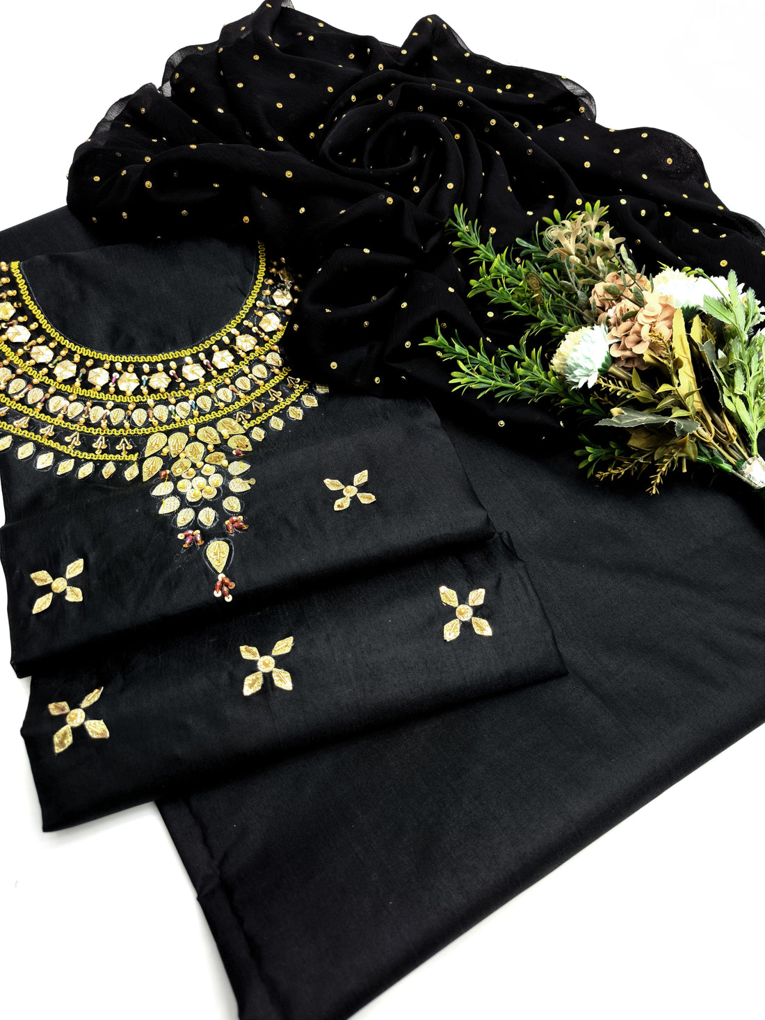 3-Piece Unstitched Indian Design Dress – Kataan Silk with Kundan Chiffon Dupatta