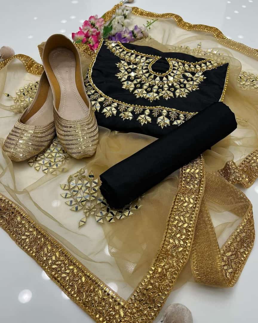 4-Piece Unstitched Kataan Mirror Work Suit – With Net Dupatta & Golden Khussa
