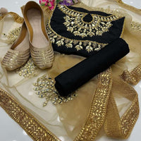 4-Piece Unstitched Kataan Mirror Work Suit – With Net Dupatta & Golden Khussa