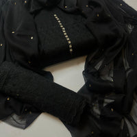 3-Piece Unstitched Black Chickenkari Lawn Suit – With Soft Chiffon Dupatta