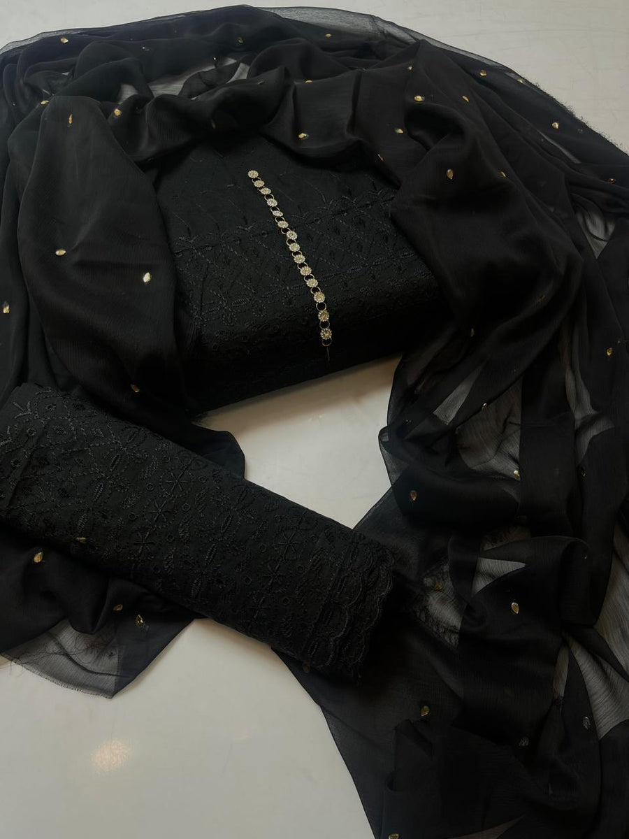 3-Piece Unstitched Black Chickenkari Lawn Suit – With Soft Chiffon Dupatta
