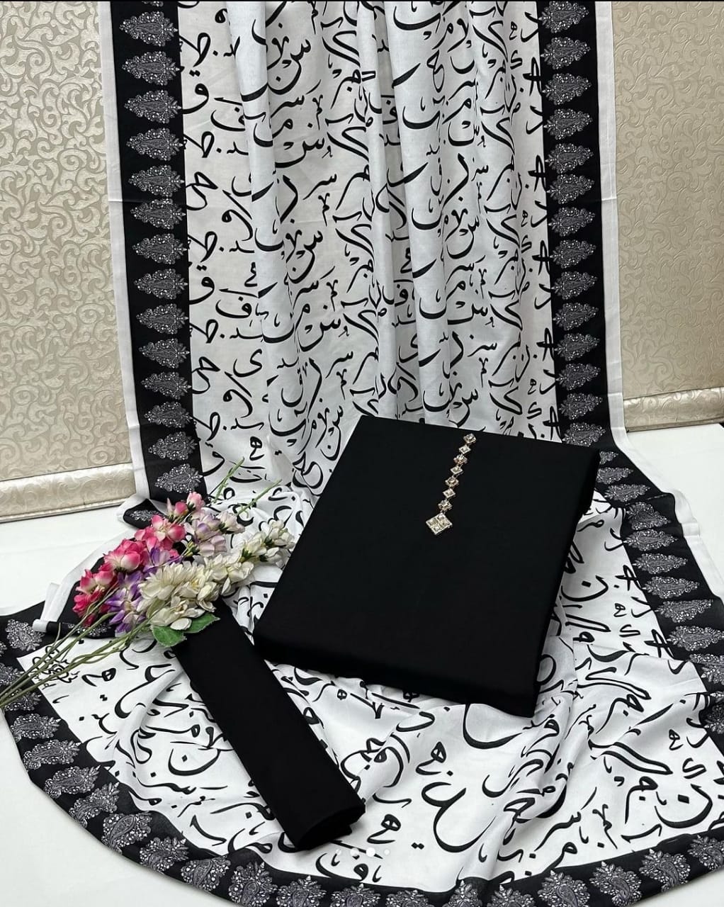 New Collection 2025  Swiss lawn  calligraphy digital print duppta  Kathan silk plain shirt and trouser  3pc suit   With Neckline